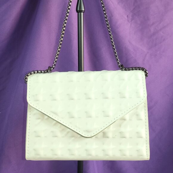 White Envelope Shoulder Bag Chain Strap Embossed Vegan Leather - Picture 1 of 12